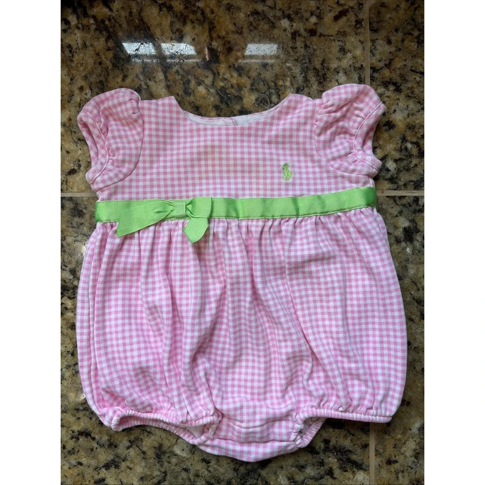 Ralph Lauren Pink White Gingham Check Preppy Bow Bodysuit Romper Baby Girl 3M